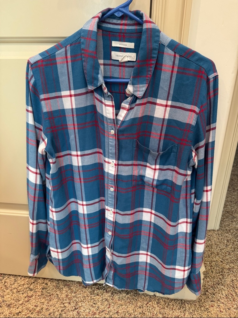 Treasure & Bond Boyfriend Blue, White and Red Plaid Button-Down Shirt - Small